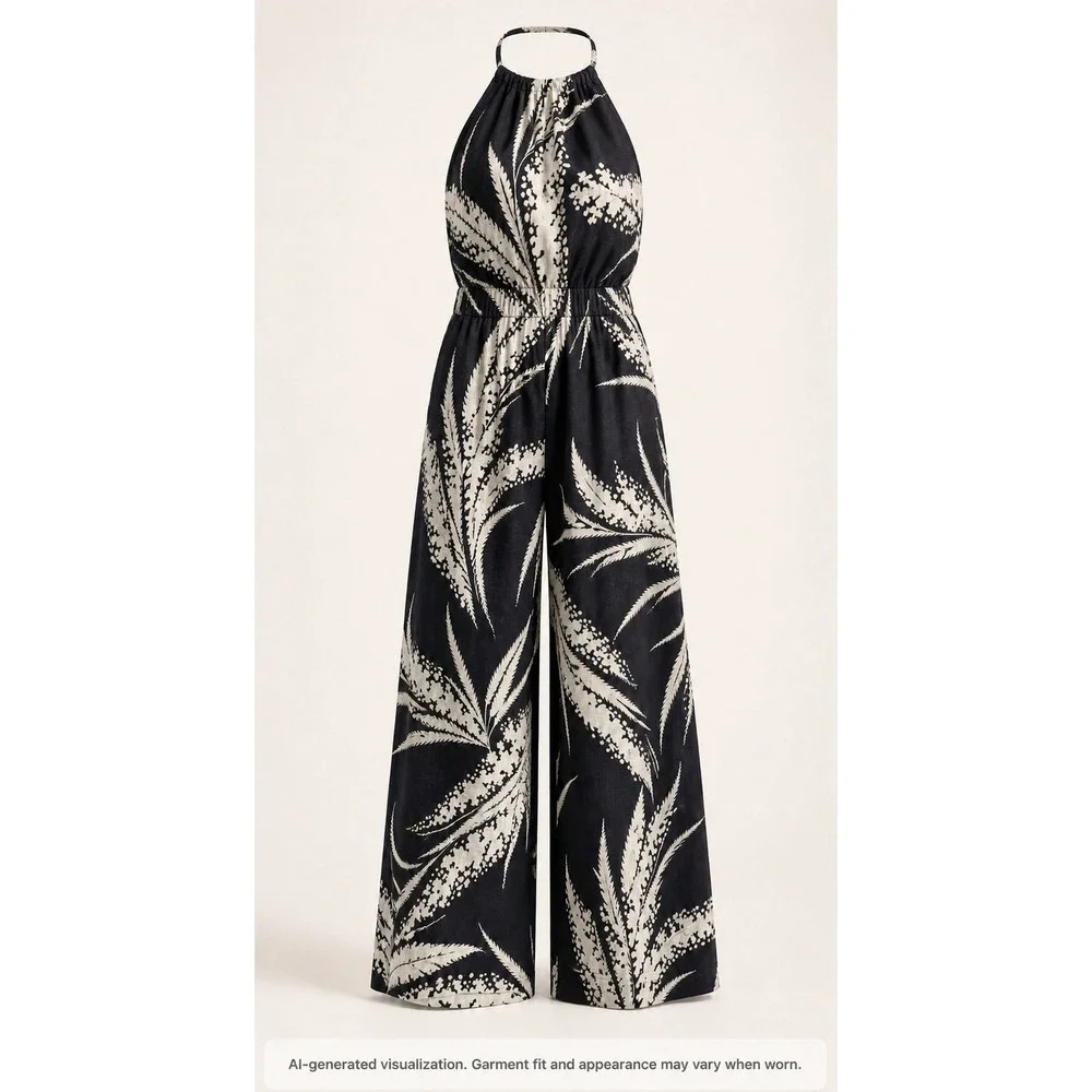 COS Jumpsuit Small Floral Palm Wide Leg Halter Boho Summer